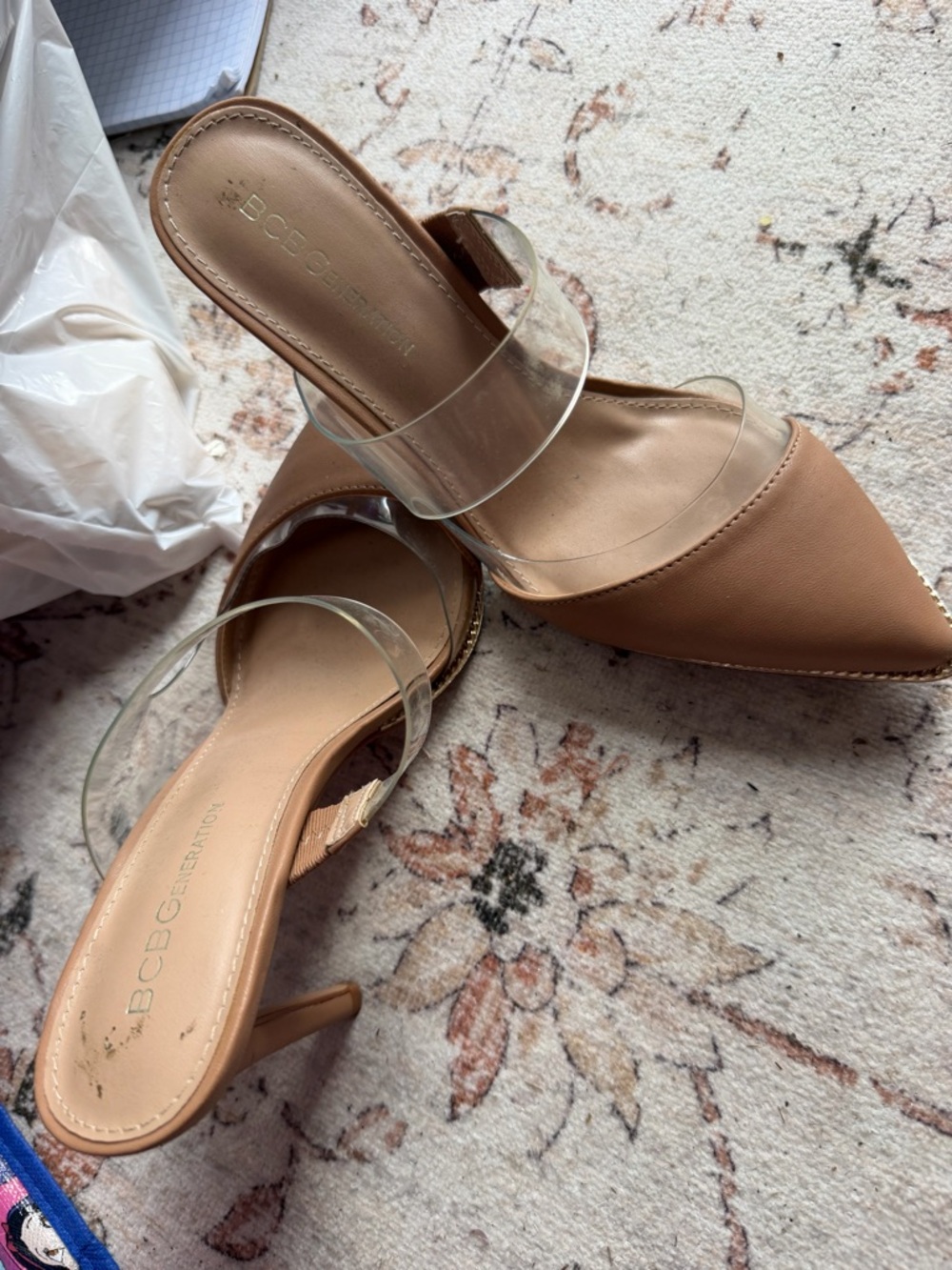 BCBGeneration Tan Pointed Toe Heels with Clear Vinyl Straps - Picture 2 of 5